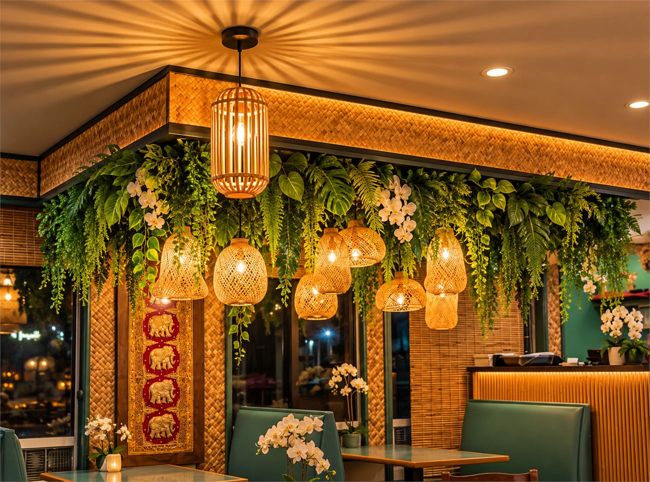 Woven rattan lanterns, hanging greenery and orchids in the House of Thai dining room