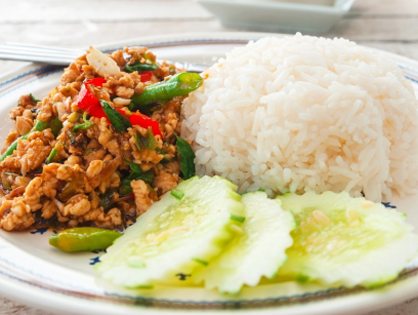Thai basil stir-fry served with jasmine rice