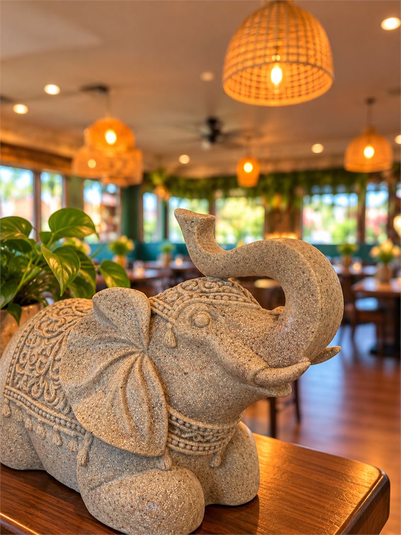 Carved stone elephant in the relaxed House of Thai dining room in Beavercreek