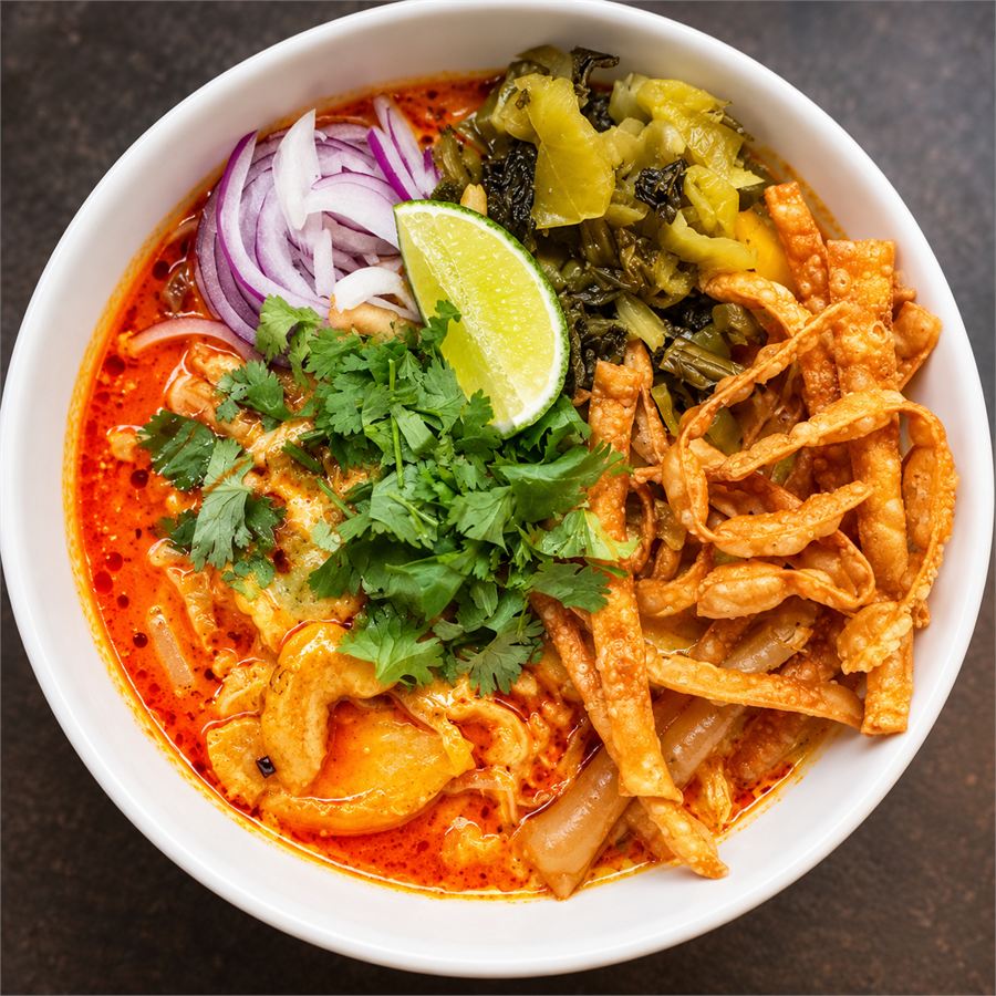 Khao soi curry noodle soup with crispy noodles, pickled greens and lime